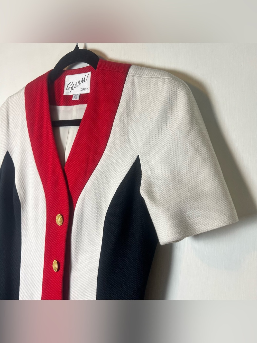 Scaasi Vintage Color-Block Dress Red Black Cream Gold Buttons 90s Sz. 6 - Picture 4 of 7